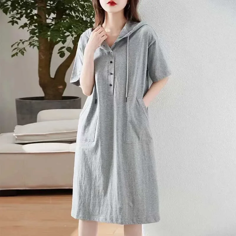 Fashion Solid Color Pockets Short Sleeve Lace Up Hooded Casual Dresses Female Clothing 2024 Spring New Loose Korean Midi Dress
Fashion Solid Color Pockets Short Sleeve Lace Up Hooded Casual Dresses Female Clothing 2024 Spring New Loose Korean Midi Dress