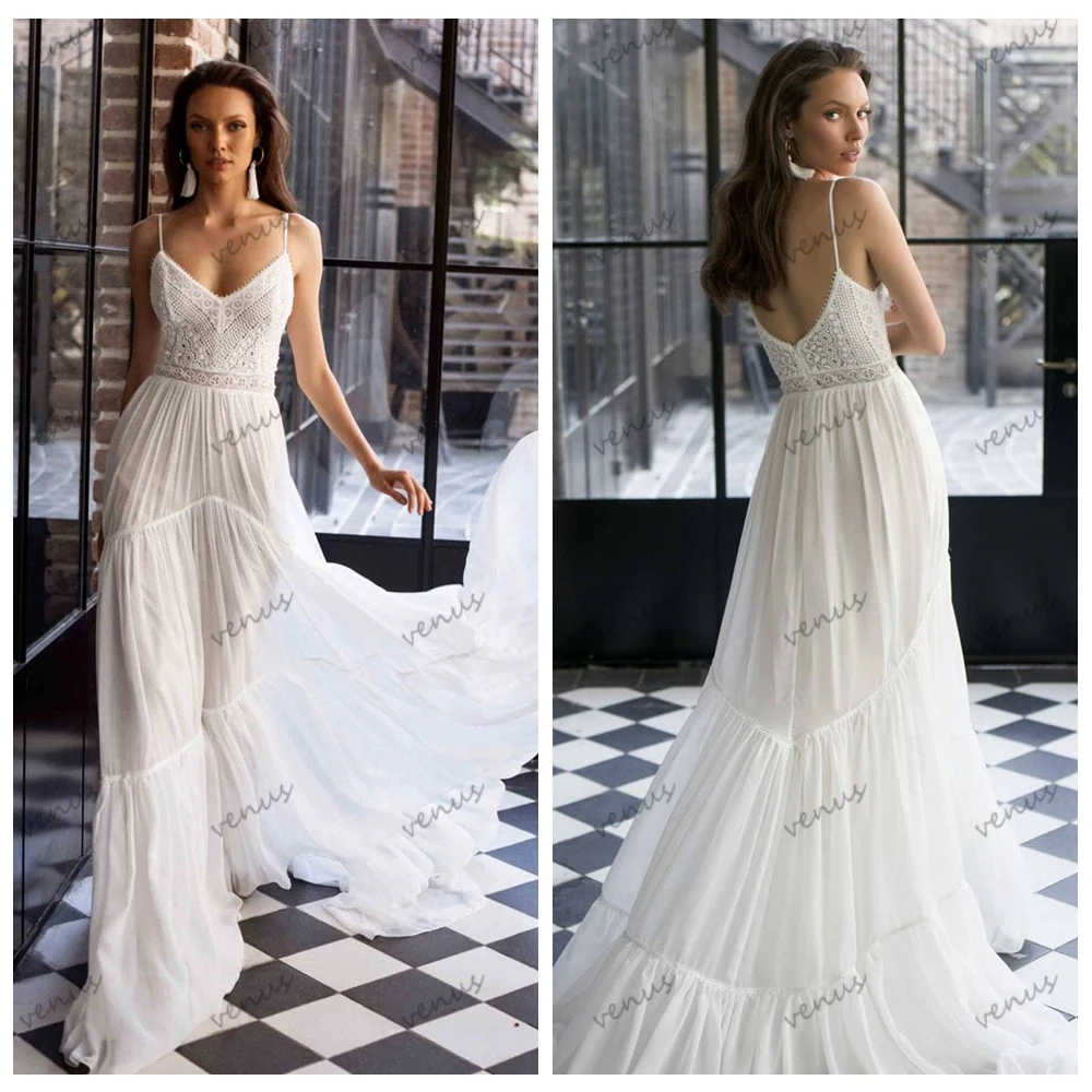 

Bohemia Wedding Dresses A-Line Lace Bridal Gowns Spaghetti Straps Floor Length Robes For Formal Party Elegant Vestidos De Novia