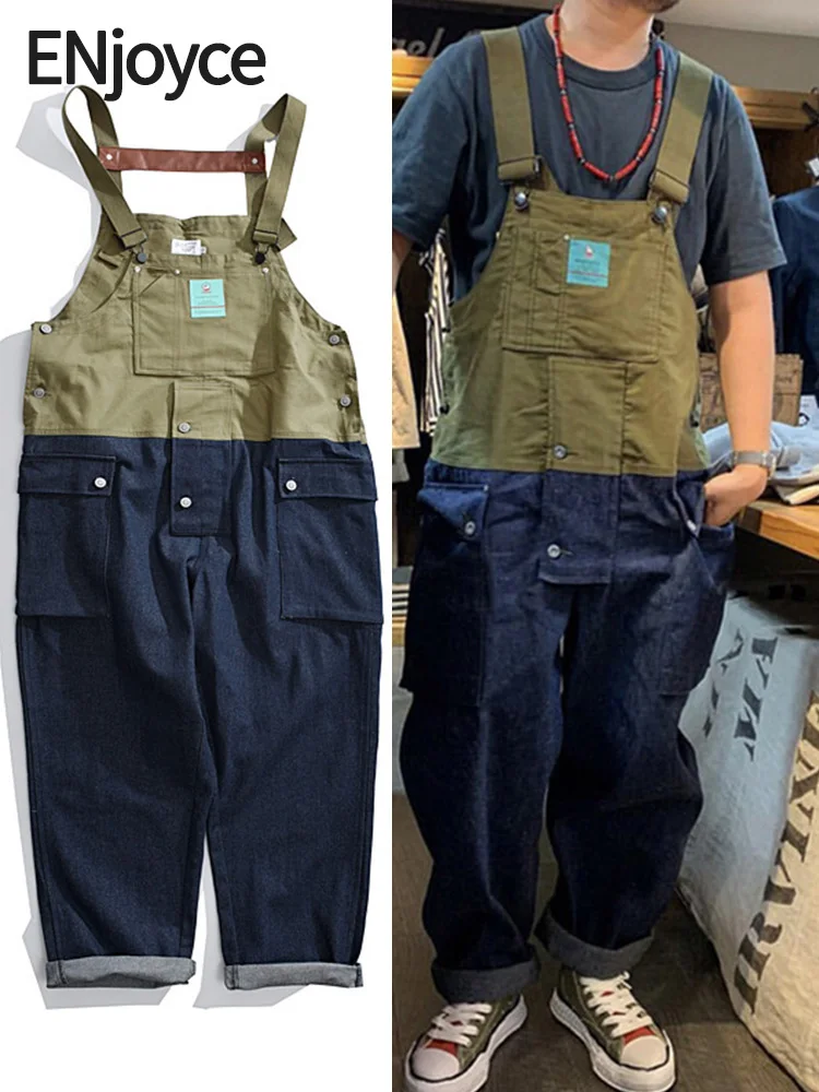 

ENjoyce Men Vintage Street Style Patchwork Jumpsuits Japanese Harajuku Casual Loose Playsuit Cargo Pants Romper Strap Overalls
