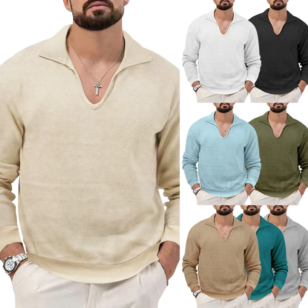 

Retro Autumn New V-Neck Men Fashion Slim Long-Sleeved Waffle Solid Color Casual Long-Sleeved T-Shirt Bottoming Mens Clothing