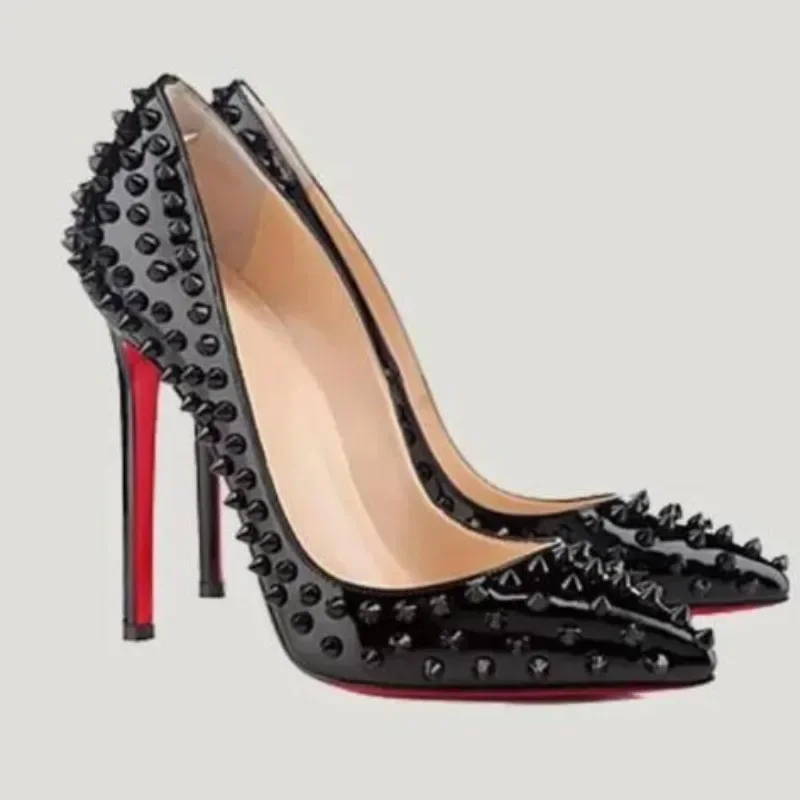 

Free Shipping ！New Luxury Women Shoes High Heels Rivets Pumps Red Bottom Pointed Studded Full Spikes Ladies Brand Wedding Shoes