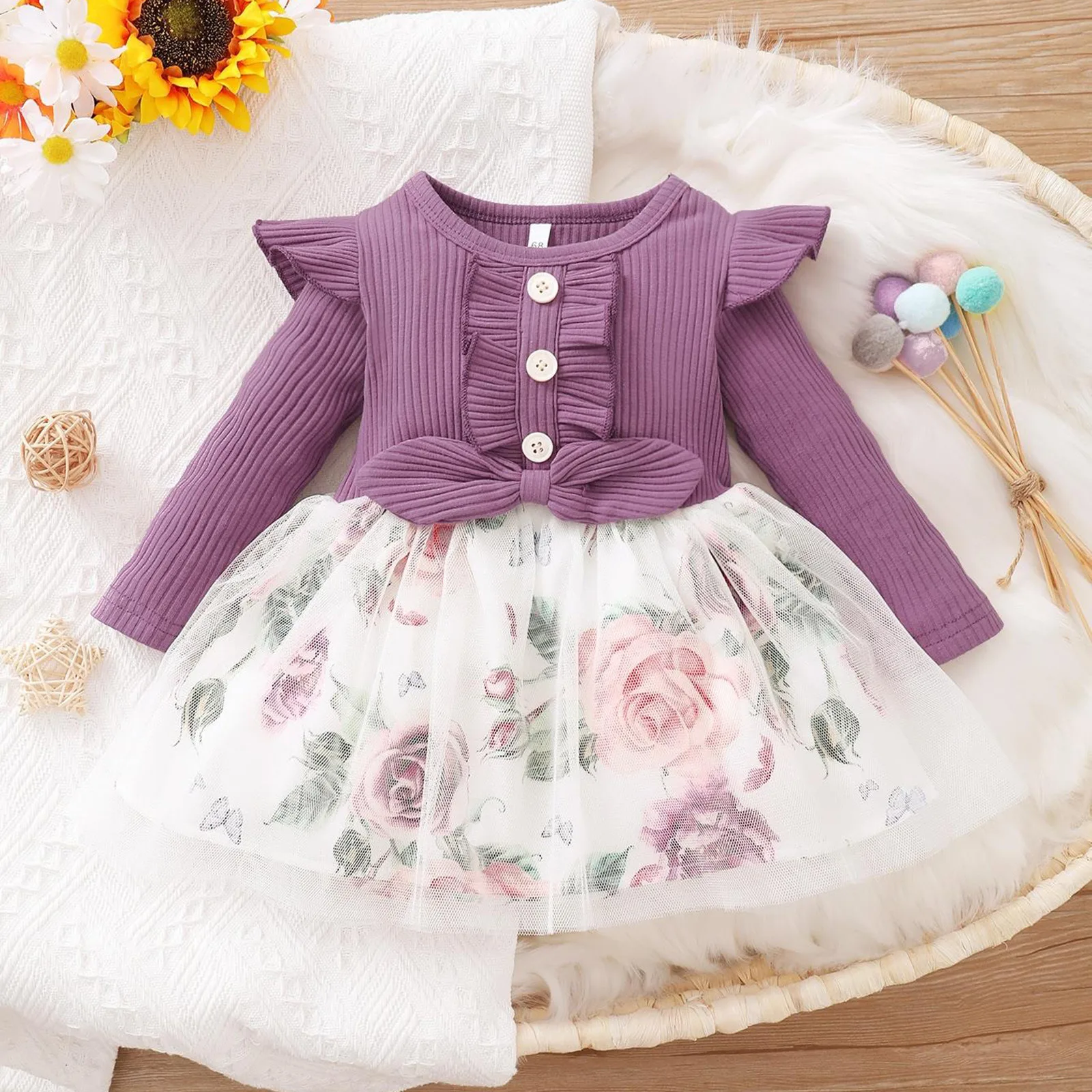 

Осеннее Цветочное платье для новорожденных, Сетчатое лоскутное фатиновое платье для маленьких девочек, платье принцессы с оборками и длинным рукавом и бантом, Одежда 0-24 мес.