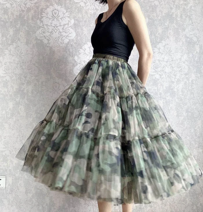 

Romantic Layered Tulle Camo Skirt Gradient Mesh Skirts Custom Made Women Puffy Ball Gown Formal Skirt Elastic Waist Fairy Sk
