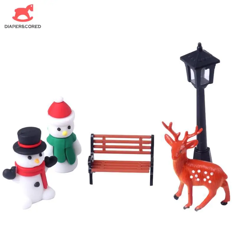 

1set 1:12 Dollhouse Miniature Snow Scene Model Snowman Reindeer Park Bench Street Lamp Set Model Christmas Decor Gift Toy