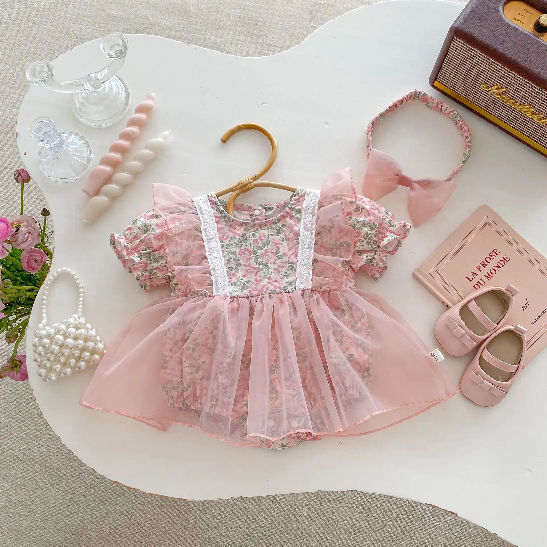 

Newborn Baby Bodysuit Girl Baby One-pieces Dress Summer Toddler Pink Tulle Tutu Romper Dress With Headband Set Infant Clothes