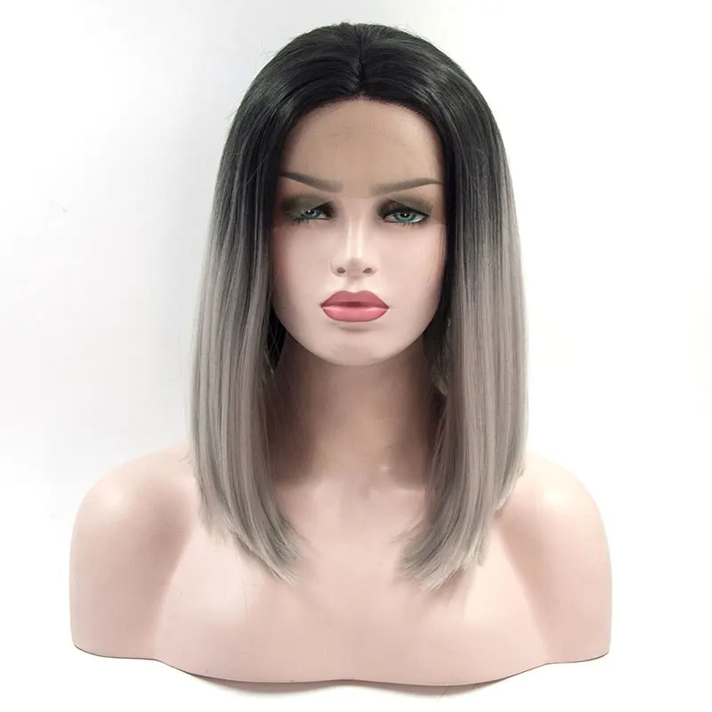 

Bombshell Black Ombre Grey Synthetic 13X4 Lace Front Wigs Short Straight Bob Pre Plucked Hairline Heat Resistant Fiber For Women