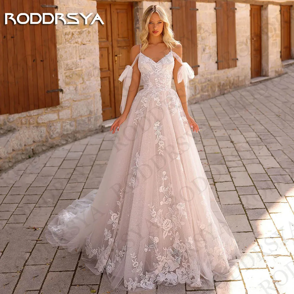

RODDRSYA Spaghetti Straps Lace Wedding Dresses A Line robe de mariée Charming Off Shoulder Appliques V Neck Tulle Bride Gowns