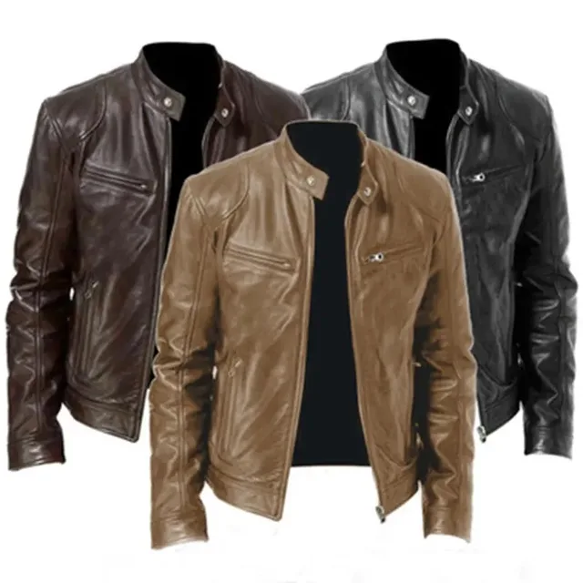 Veste de moto coupe couvertes pour homme, manteau court, vestes en cuir PU, col coupe-vent, fermeture éclair, hiver, automne 1