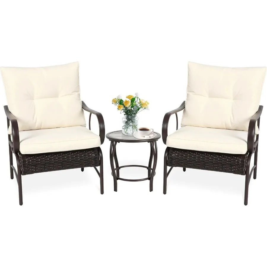 Patio Bistro Sets 3 Piece Rattan Front Porch Chairs Set of 2 with AllWeather Cushions Glass Coffee Table Conversation Set for Patio Bistro Sets 3 Piece Rattan Front Porch Chairs Set of 2 with AllWeather Cushions Glass Coffee Table Conversation Set for