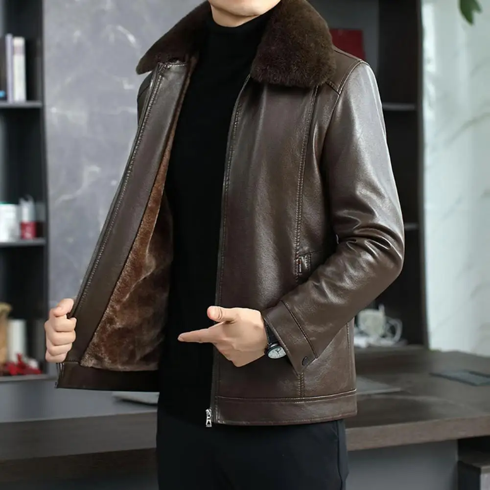 

Men Autumn Winter Faux Leather Jacket Furry Lapel Long Sleeve Zipper Placket Coat Thickened Plush Lining Business Casual Outwear