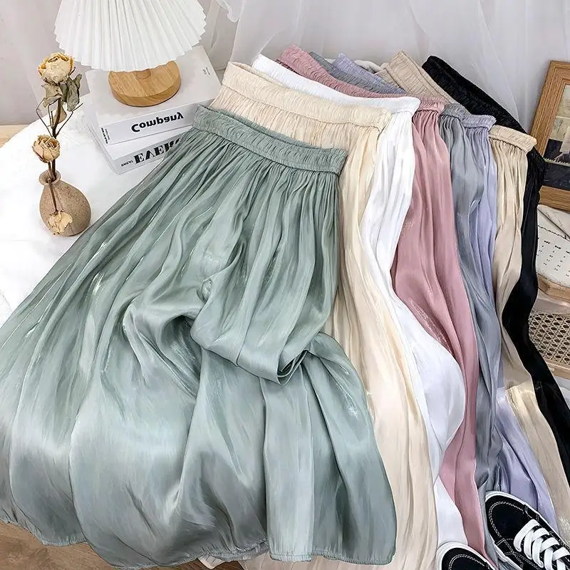 

Spring Summer High Waist Covering The Crotch Pearlescent Yarn Pleated Skirt Women's Summer Temperament Mid-length A-line Skirt
