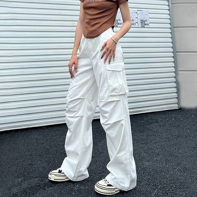 

Женские брюки-карго в стиле ретро Y2K, белые винтажные брюки большого размера с карманами и парашютом, Женские Мешковатые прямые широкие брюки в стиле хиппи