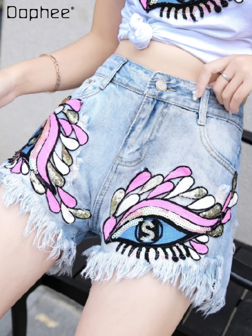 2022 Summer New Embroidered Sequins Tassel Light Blue Denim Shorts Female College Style Distressed Wide-Leg Denim Shorts Women
2022 Summer New Embroidered Sequins Tassel Light Blue Denim Shorts Female College Style Distressed Wide-Leg Denim Shorts Women