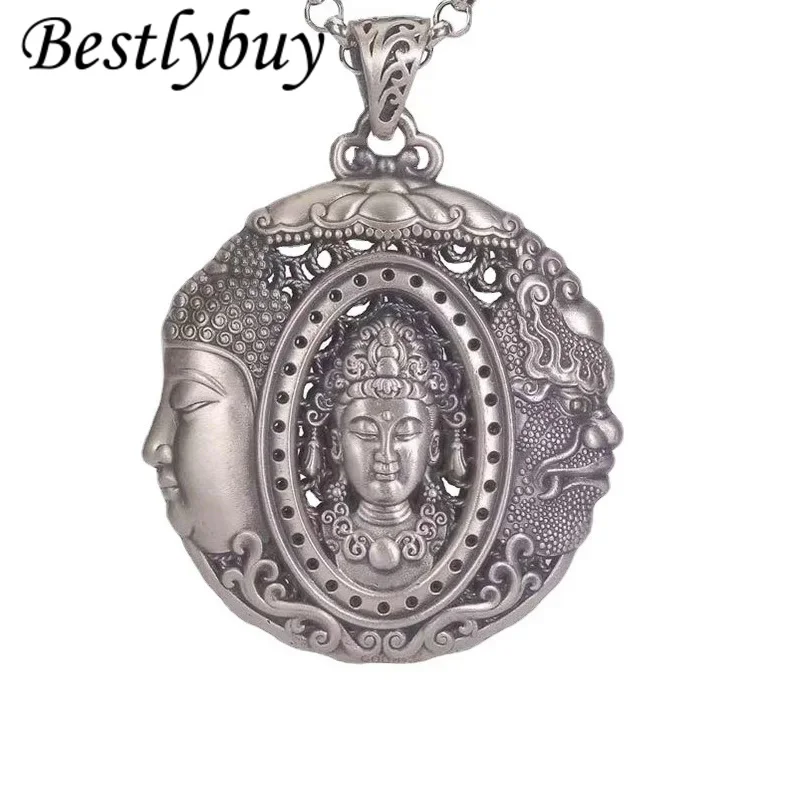 

Bestlybuy Real S925 Carved Hollowed Three-Faced Buddha Necklaces Pendant For Men Women Male Thai Silver Retro Round Trend