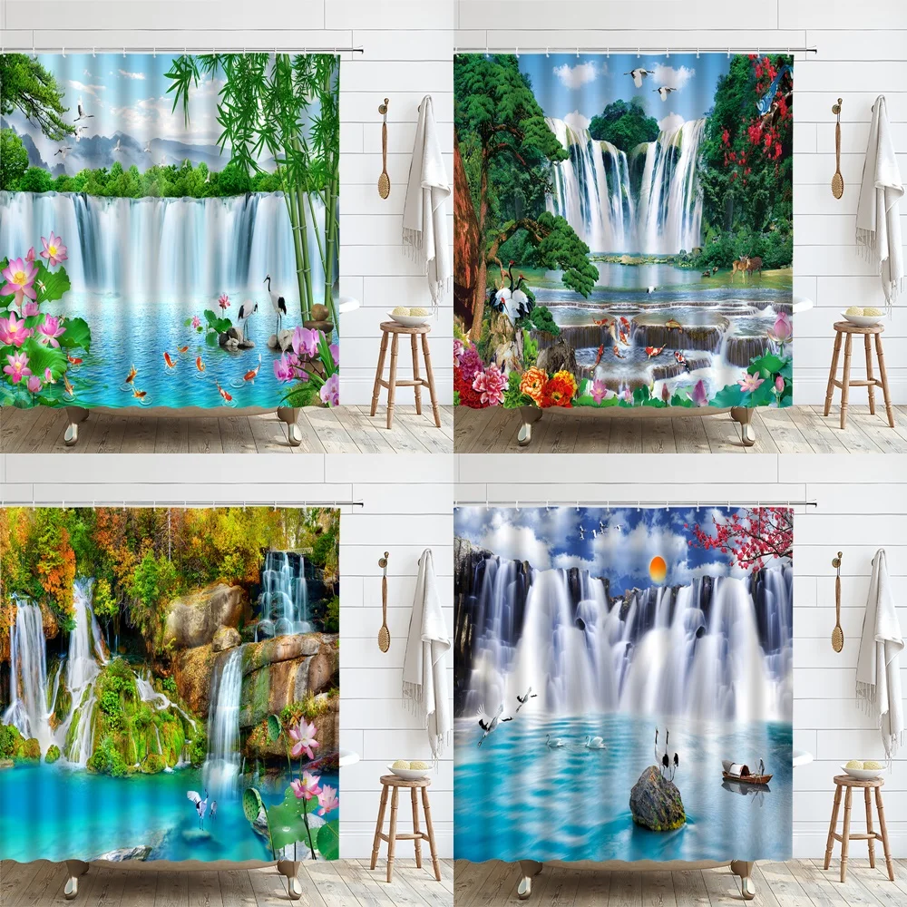 

Forest Waterfall Shower Curtain Jungle Rainforest Animal Birds Lotus Flowers Natural Scenery Landscape Fabric Bathroom Curtains