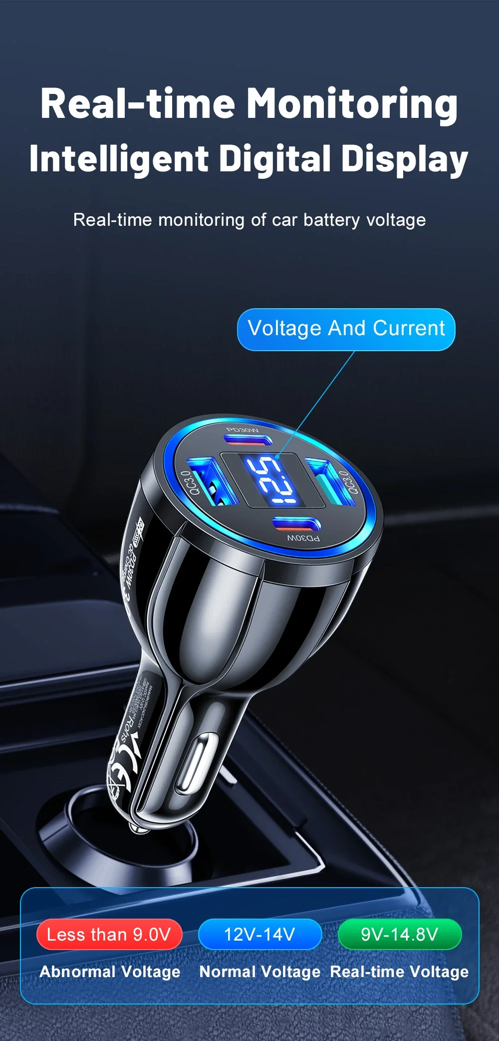 60W USB C Car Charger 4 in 1 Type C PD Fast Quick Charging Adapter with Voltage Digital Display for Mobile Phone Iphone Xiaomi 60W USB C Car Charger 4 in 1 Type C PD Fast Quick Charging Adapter with Voltage Digital Display for Mobile Phone Iphone Xiaomi