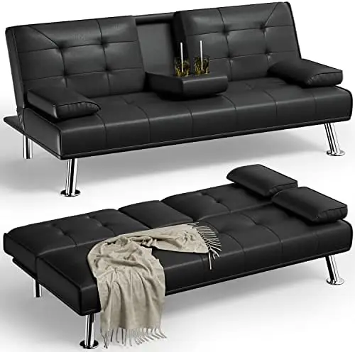 Folding Futon Sofa Bed Sleeper Couch for Living Room Faux Leather Upholstered Loveseat w/Removable Armrests, Metal Legs, 2 Cup H
Folding Futon Sofa Bed Sleeper Couch for Living Room Faux Leather Upholstered Loveseat w/Removable Armrests, Metal Legs, 2 Cup H