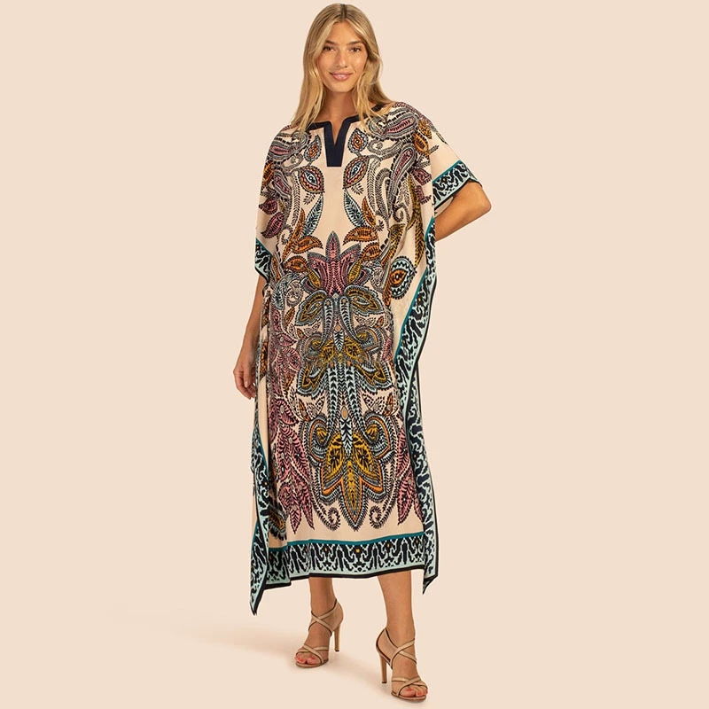 

Paisley Beige Kaftan Bohemian Vibe Beach Cover Ups Women Anklen Length Caftan Long Tunic Morocco Pullover Robe Summer Maxi Dress