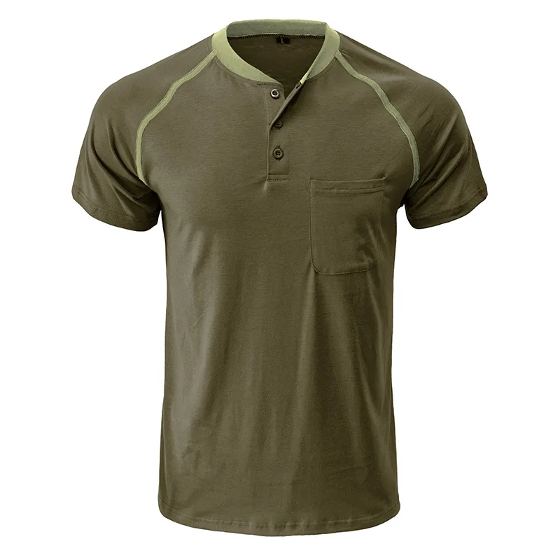

Mens Army Green Short Sleeve Henley Shirt Casual Raglan Basic Summer Solid T Shirts with Pocket Collarless Front Placket Henley