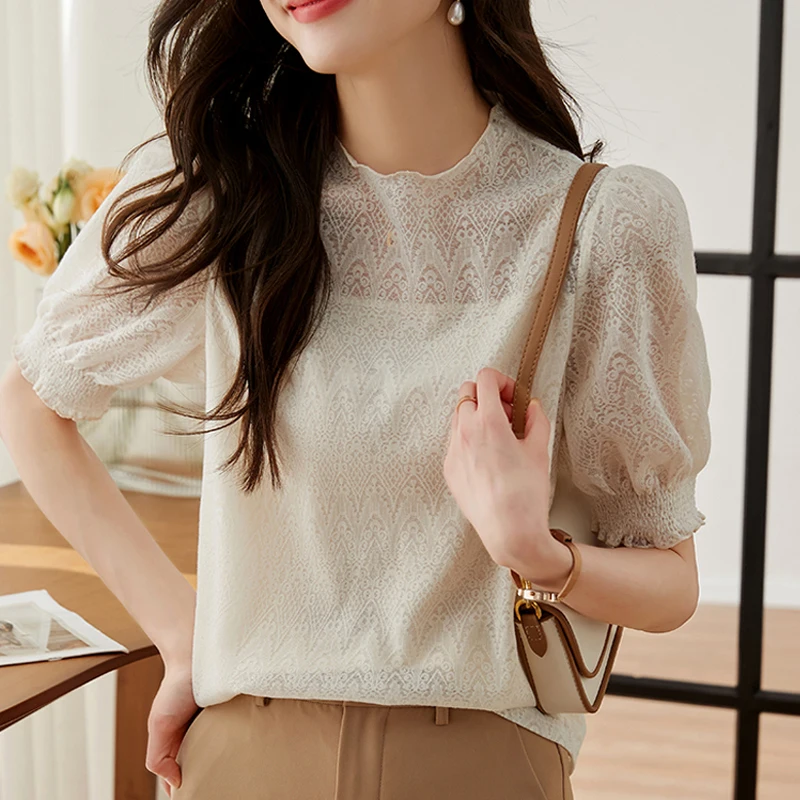 

2023 Crochet Hollow Casual Lace Blouse Sweet Elegant Summer Loose Women Shirts Puff Short Sleeve Knitted Tops Ladies Mujer 27053