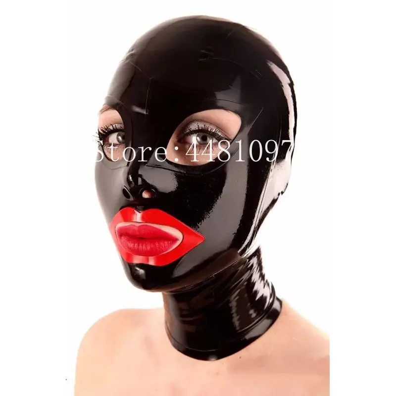 

Handmade Sexy Black Latex Fetish Hood Halloween Party Rubber Mask Red Lips with Back Zipper Open Eye for Men Women