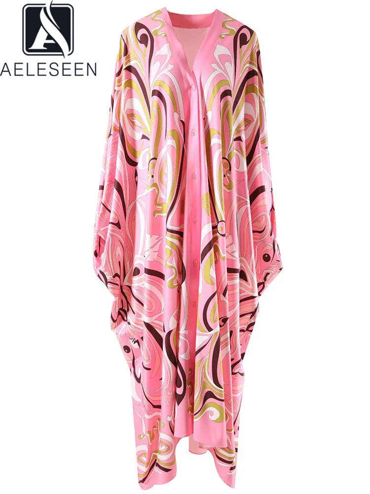

AELESEEN Women Vintage Autumn Long Dress Design Fashion Batwing Pink Geometric Print Elastic Loose Casual Holiday Party