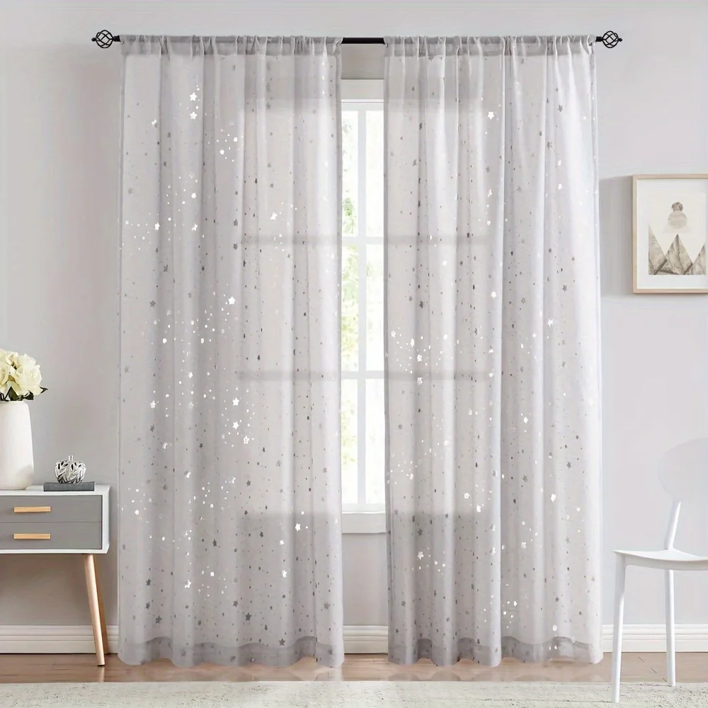 2pcs Silver Grey Sheer Curtains, 95-inch Long Modern Foil Star Print Drapes, Rod Pocket Window Treatments For Living Room, Starr
2pcs Silver Grey Sheer Curtains, 95-inch Long Modern Foil Star Print Drapes, Rod Pocket Window Treatments For Living Room, Starr