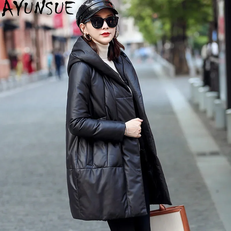

High AYUNSUE Quality Real Sheepskin Leather Down Jacket Women 2024 Winter 90% White Duck Coat Hooded Mid-length Parkas
