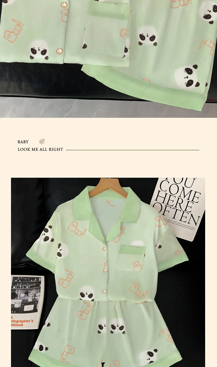 Summer Women's Ice Silk Fashion New Cartoon Pajamas Homewear Set Girls Color Collision Lapel Short-Sleeved Casual Homewear Set 30 S1a04fb46894b4a6880482810349729deB