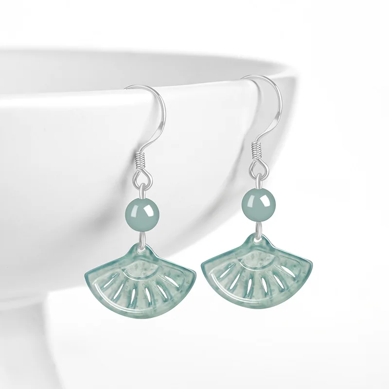 

High End S925 Silver Inlaid Natural A-grade Jadeite Blue Water Fan Earrings Ice Type Jade Ancient Style Women's Gifts Jewelry