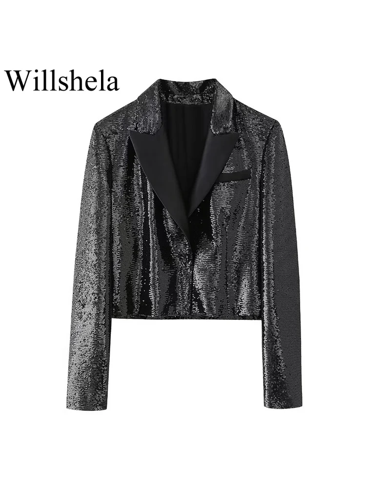 

Willshela Women Fashion With Sequined Black Single Button Blazer Vintage Notched Neck Long Sleeves Female Chic Lady Outfits