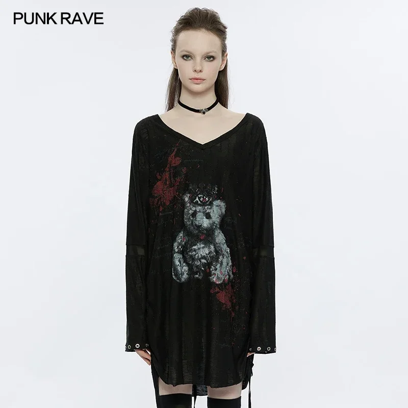 PUNK RAVE Women's Loose Bear Printed Wide V-neck Long Sleeve T-shirt Drawstrings Decoration Daily Casual Tops Women Clothing
PUNK RAVE Women's Loose Bear Printed Wide V-neck Long Sleeve T-shirt Drawstrings Decoration Daily Casual Tops Women Clothing