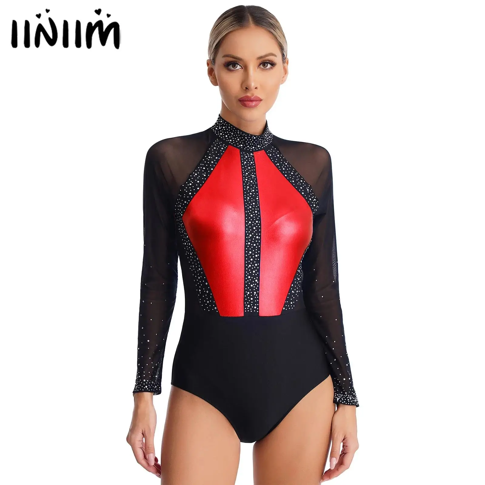 

Womens Sheer Mesh Long Sleeve Leotard Costumes Keyhole Back Sparkling Rhinestones Gymnastics Figure Skating Sheer Mesh Bodysuit