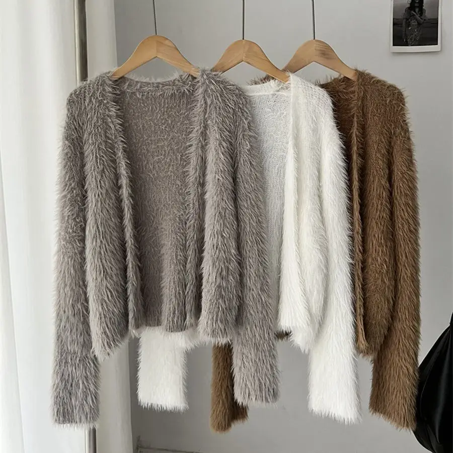 

Korean Fashion Furry Imitation Mink Knitted Cardigan Women Sweater Coats 2023 New Autumn Winter Short Coat Female Cardigan Tops