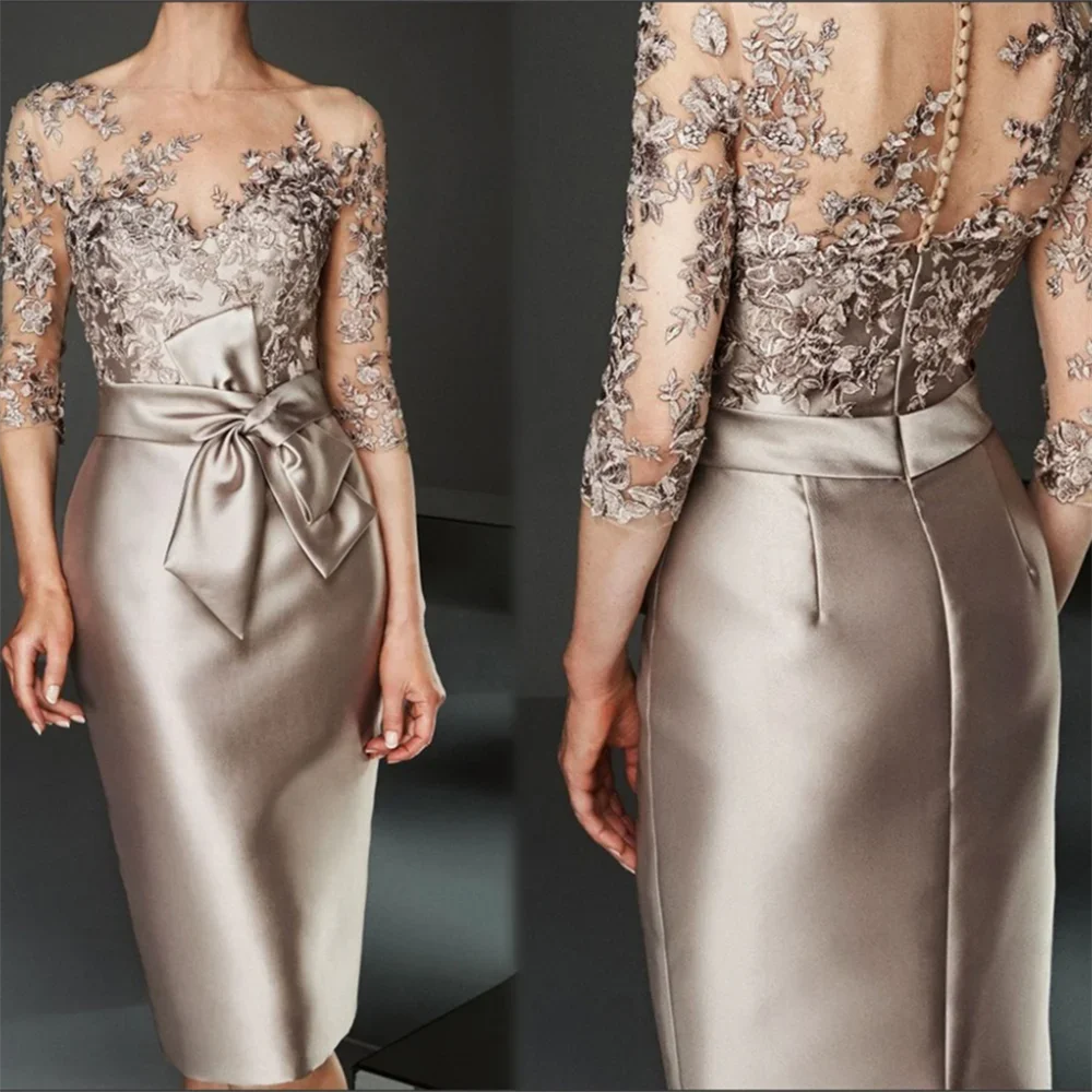 Платье-футляр для матери невесты, с рукавом до локтя и бантом на поясе 
Платье-футляр для матери невесты, с рукавом до локтя и бантом на поясе