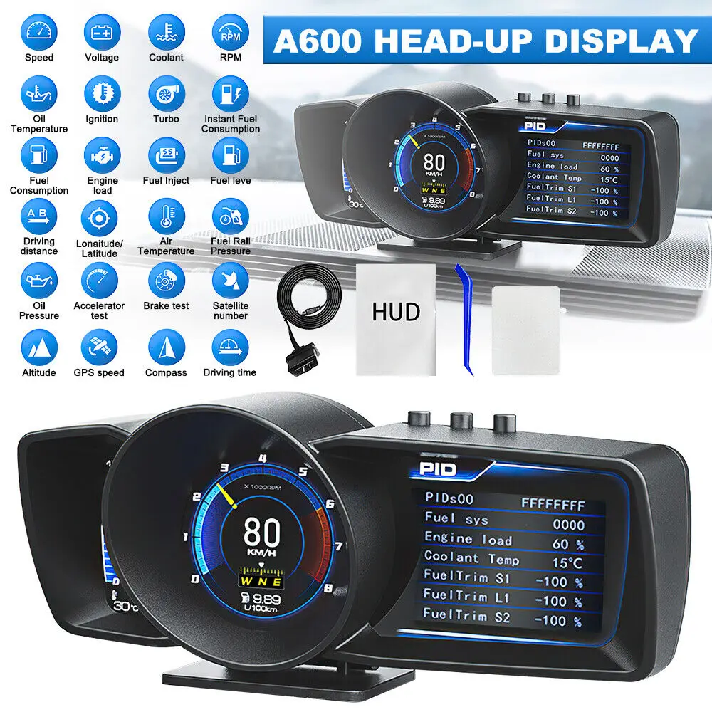 

A600 Newest Head Up Display Auto Display OBD2+GPS Smart Car HUD Gauge Digital Odometer Security Alarm Water&Oil Temp. RPM