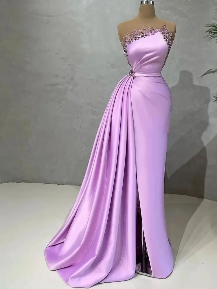Elegant Purple Satin Sexy Backless Strapless Mermaid Ball Side Split Pleated Crystal Beads Women's Formal Occasion Evening Dress
Elegant Purple Satin Sexy Backless Strapless Mermaid Ball Side Split Pleated Crystal Beads Women's Formal Occasion Evening Dress