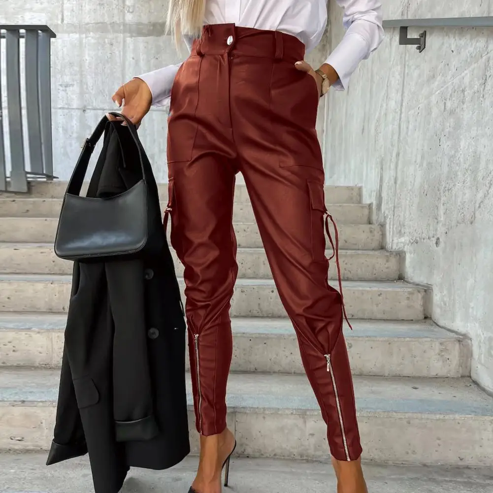 

Smooth Pants Stylish Women's Faux Leather Pencil Pants High Waist Slim Fit Multi Pockets Trendy Trousers for A Chic Look Curvy
