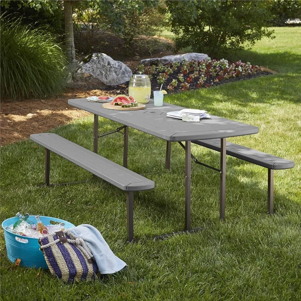 

Outdoor Living 6 Ft. Folding Blow Mold Table Camping Dark Wood Grain With Gray Legs Picnic Table Dining Tables Desk Supplies