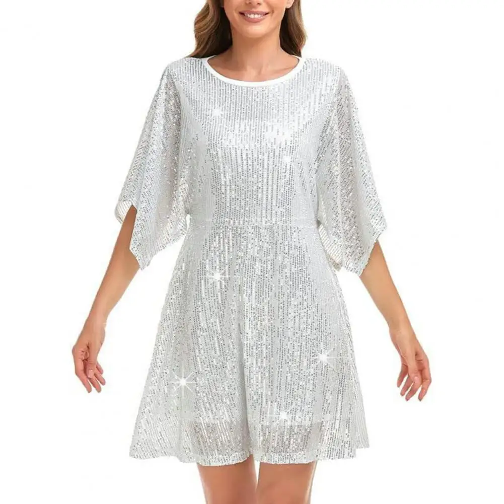 

Party Dress Glittery Sequin Dress Shimmering Sequin Double-layered Mini Dress for Women Elegant Club Party Attire with Bat