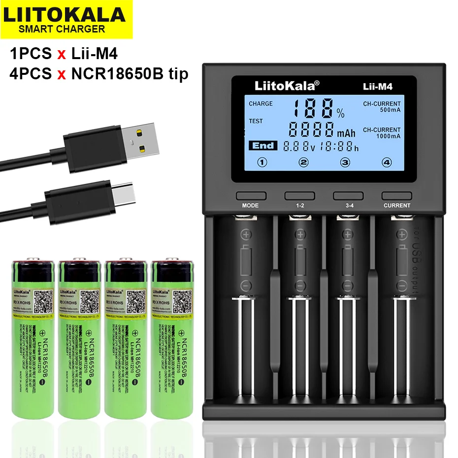 4 pces liitokala original ncr18650b 3.7v 3400mah 18650 bateria de lítio recarregável adequado para lanterna + Lii-M4 carregador
4 pces liitokala original ncr18650b 3.7v 3400mah 18650 bateria de lítio recarregável adequado para lanterna + Lii-M4 carregador