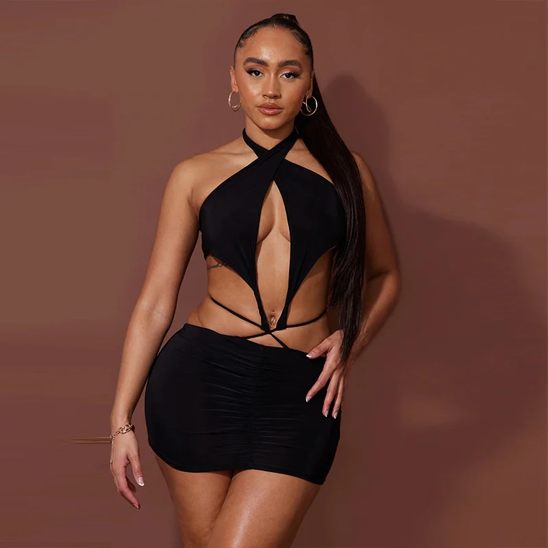 

Zabrina New Halter Summer Dresses Sexy Backless Hollow Out Splicing Y2K Bodycon Party Dresses For Women Nightclub Bar Club