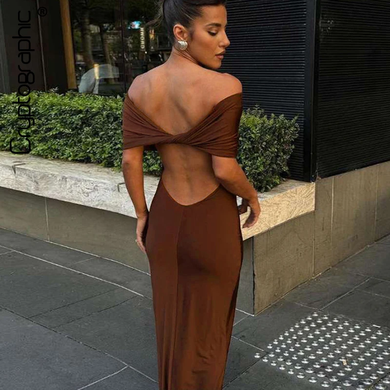 

Cryptographic Ruched Elegant Off Shoulder Maxi Dress Club Party Outfits Women Back Split Sexy Backless Bodycon Dresses Vestido
