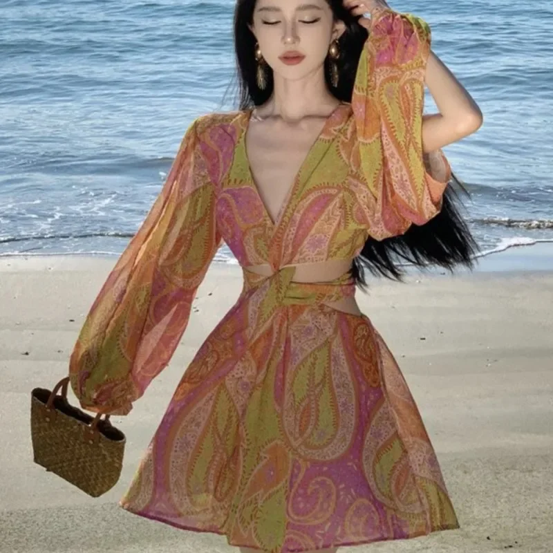 

2024 Summer Seaside Holiday Wind Beach Dress Europe And The United States Sexy Long-sleeved Thin Atmosphere Feeling Dresses