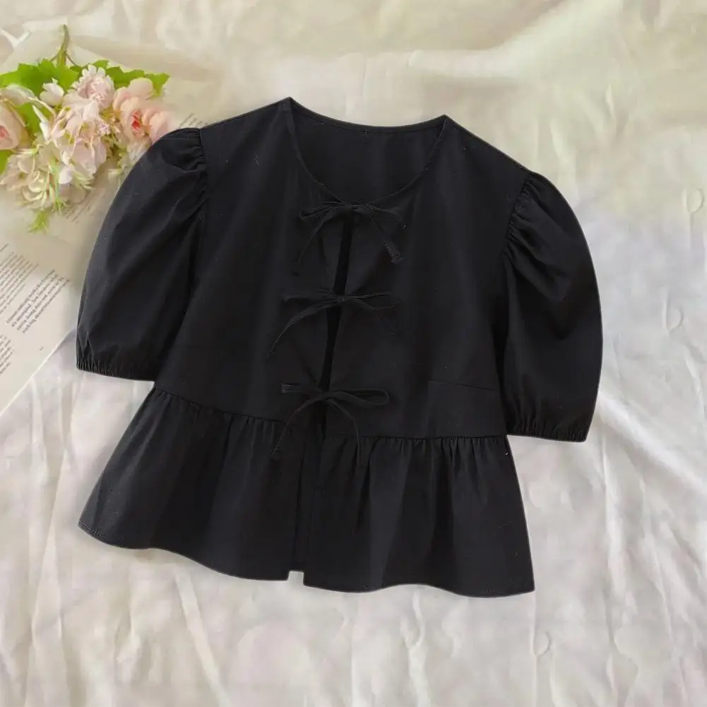 

Women Sweet Pleats Puff Sleeve Shirt Bow Tied Lace Up Front Ruffle Blouse Office Lady Pullover Shirt Chemise Blusas Cropped Tops