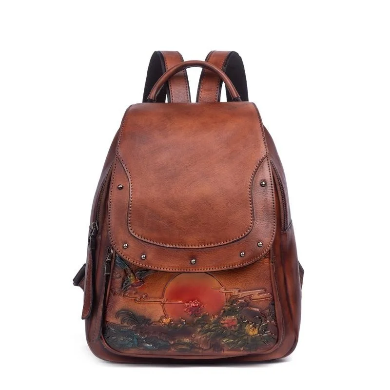 

Vintage Embossed Women Backpack Genuine Leather Book Bag Soft Cowhide Luxury Backpacks For School Teenagers Girls New