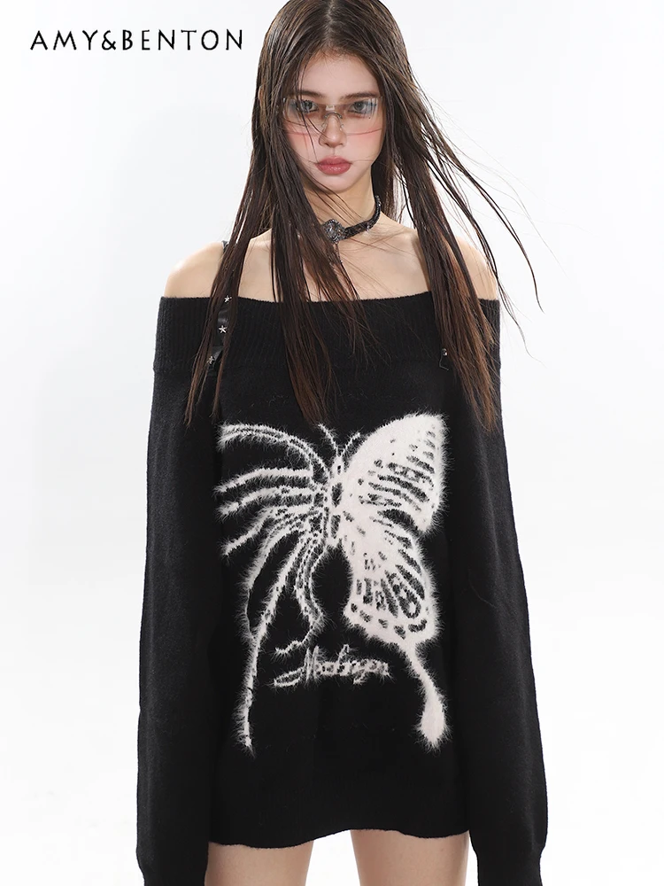 Fall New Harajuku Slash Neck Butterfly Print Sweaters Gothic Loose Slim Sexy Pullovers Y2K Fashion All Match Casual Tops Women 
Fall New Harajuku Slash Neck Butterfly Print Sweaters Gothic Loose Slim Sexy Pullovers Y2K Fashion All Match Casual Tops Women