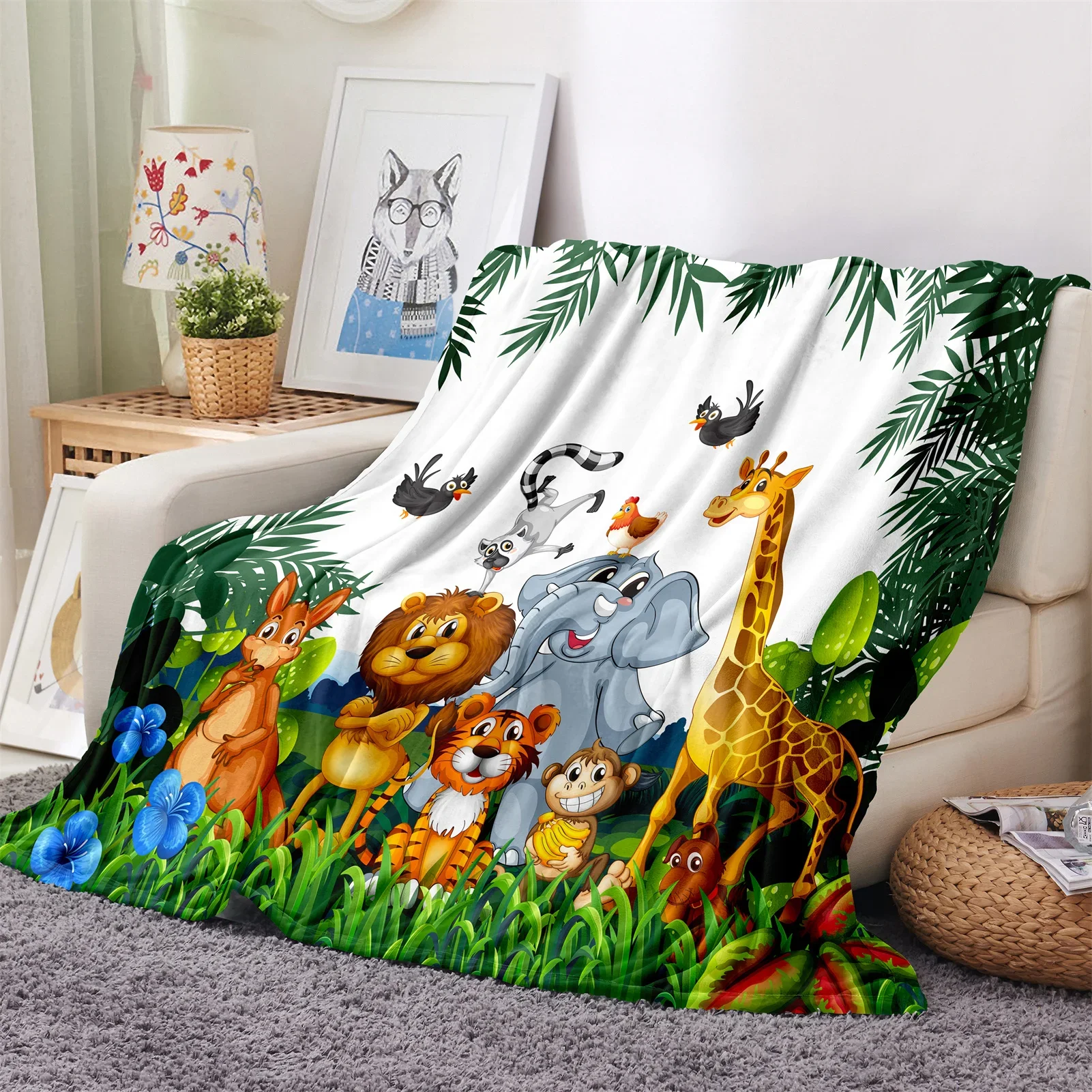 

Forest Cartoon Cute Animal Zoo Lion Monkey Colorful Soft Children Polyester Flannel Throw Blanket for Bed Sofa Picnic Cover Gift