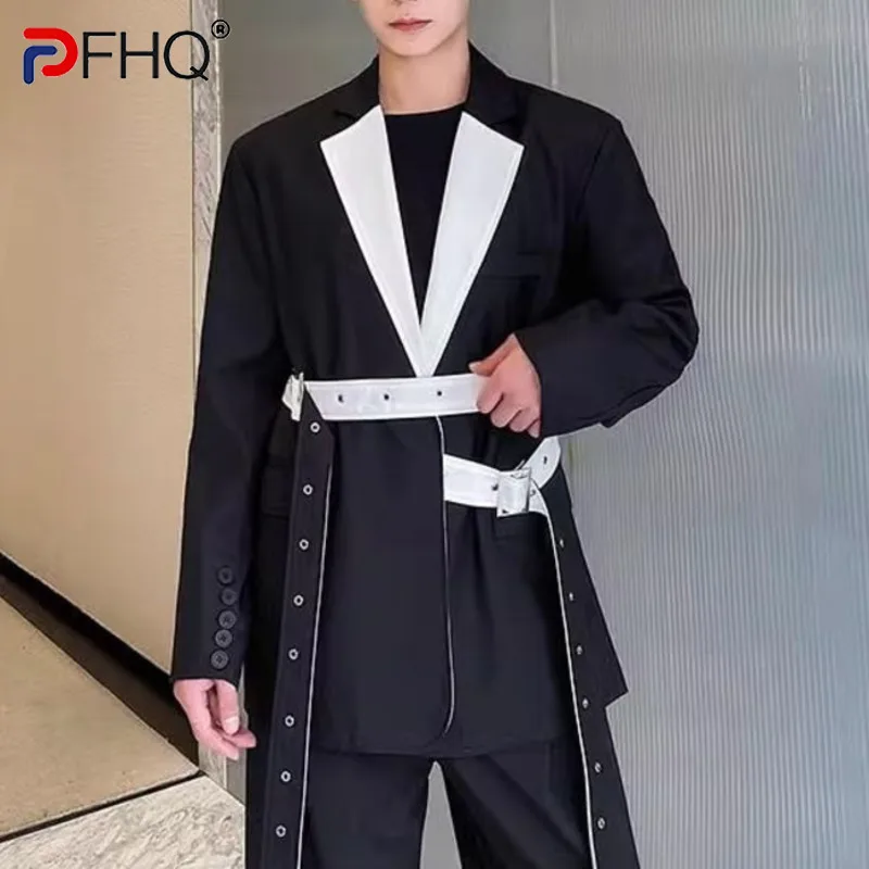 

PFHQ Men's Trend Blazer Autumn Suit Coat With Belt Niche Design Contrast Color Lapel Handsome Creativity Elgence Jackets 21Z3740