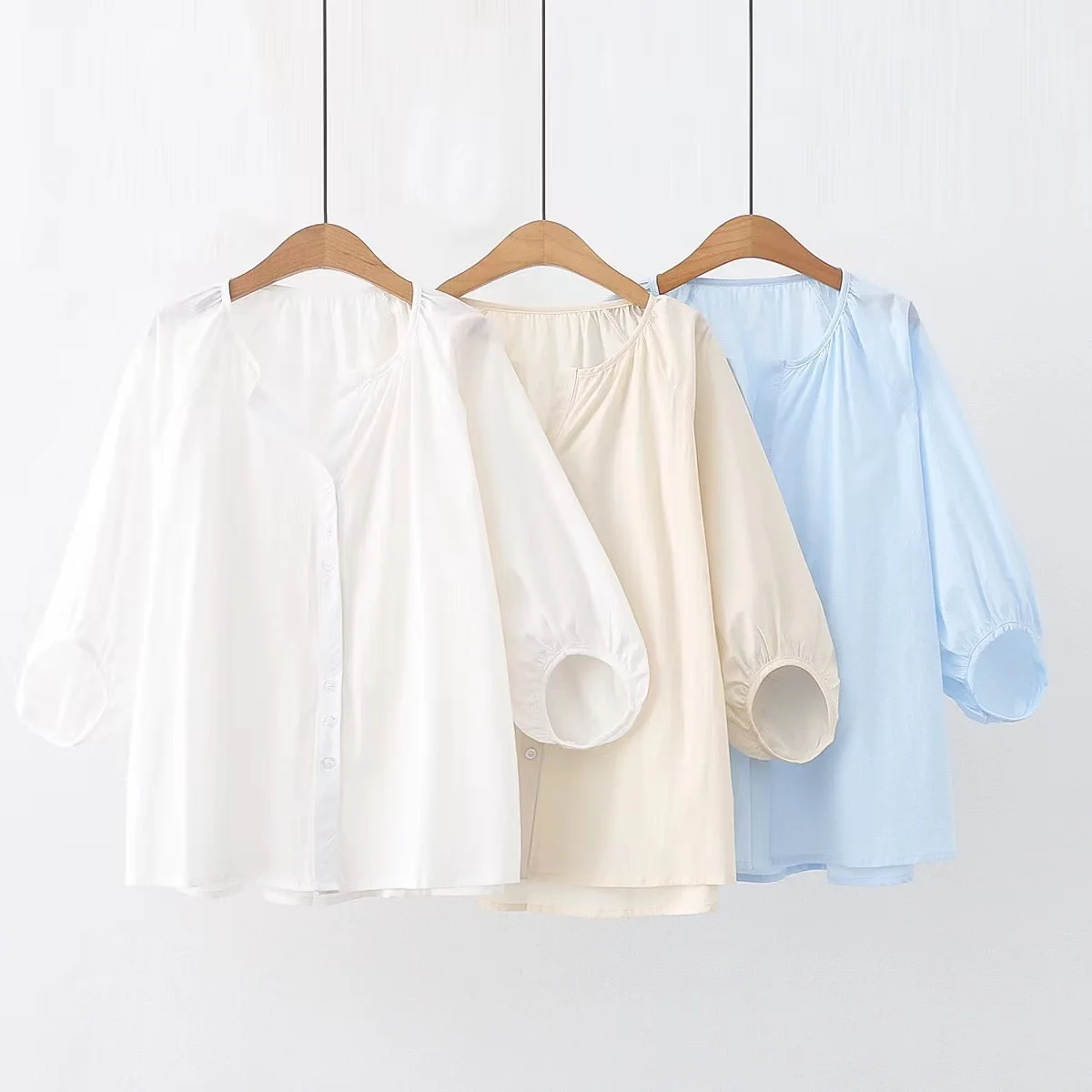 

Элегантная женская короткая дизайнерская блузка большого размера белая синяя бежевая однотонная хлопковая рубашка одежда в Корейском стиле женские топы